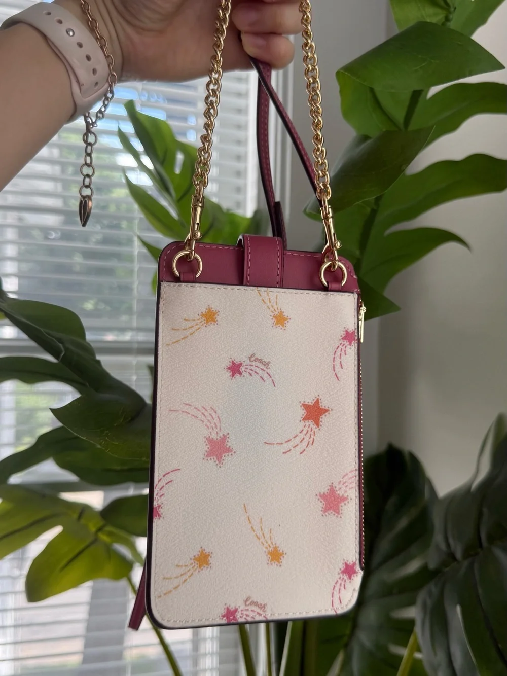 COACH Cream Star-Print Crossbody Phone Pouch with Pink Trim